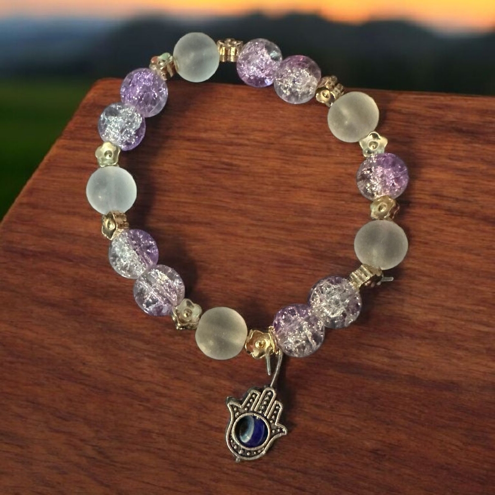 Purple and Silver Beaded Bracelet with Hamsa Charm